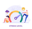 People near the mood scale. Concept of emotional overload, stress level, burnout, increased productivity, tiring, boring, positive, frustration employee in job. Vector illustration in flat design