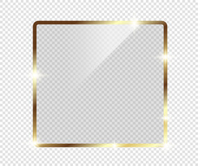 Gold shiny glowing frame with shadows isolated on transparent background. Golden luxury vintage realistic rectangle border. illustration - Vector