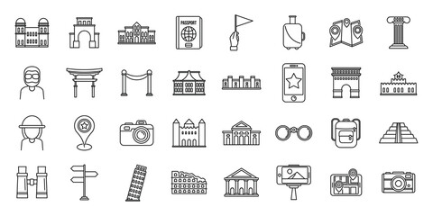 Poster - sightseeing tourist icons set, outline style