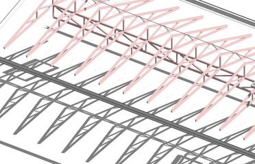 Poster - Abstract  3d illustration pattern of wooden trusses and shadows.  Architectural texture. Grey and red colored elements on white background. 