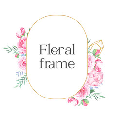  Hand drawn watercolor golden frame with pink peonies and crystals