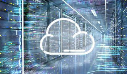 Poster - Cloud icon in a Server room data center - 3d rendering