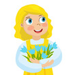 Easter card. Happy little girl holding bouquet of snowdrops. Cartoon vector drawing. Isolated on white background