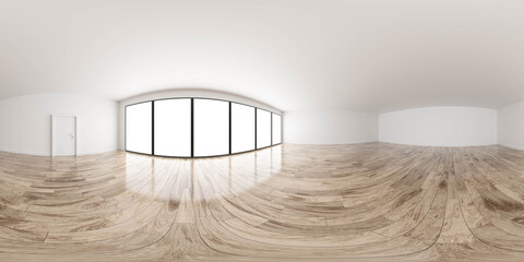 Poster - full 360 spherical panorama view of modern classic empty living room loft interior with big windows and wooden floor 3d render illustration