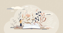 Inspiration As Motivational Book Reading And Literature Tiny Person Concept. Art Creation And Emotional Feminine Story Writing Vector Illustration. Fantasy And Feelings Expression In Poems Or Stories.