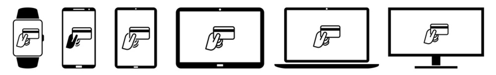 Poster - Display hand, card, credit, payment, buy, commerce, holding, pay, buy, shop Icon Devices Set | Web Screen Device Online | Laptop Vector Illustration | Mobile Phone | PC Computer Tablet Sign Isolated