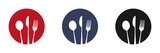 Fototapeta  - Dishes. Spoon, fork, knife and plates icons set, menu logo, cutlery silhouette. Vector illustration.