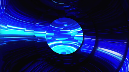 Poster - Many mirror magic circles shimmer in neon light. Abstract computer generated backdrop, 3D rendering