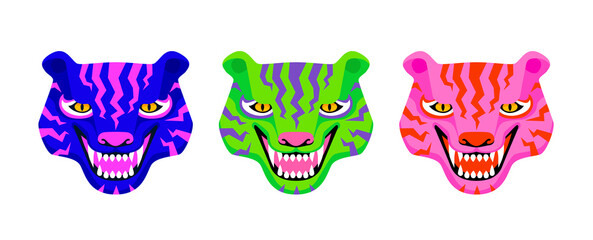 Set of three tiger faces roaring. Unreal vibrant psychedelic colors. Vector illustration isolated on white.