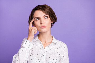 Sticker - Portrait of attractive minded brown-haired girl manager overthinking brainstorming isolated over bright violet purple color background