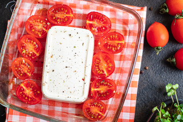 fetapasta penne tomato spices, feta cheese feta pasta second course snack trend meal copy space rustic food background top view