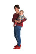 © Curto - side view of a mother carrying her baby looking at camera on white background