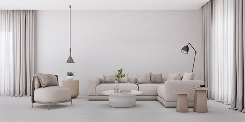 Wall Mural - White living room in modern style.Sofa,armchair and table.Minimal concept.3d rendering