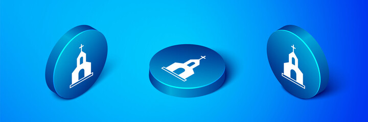 Isometric Church building icon isolated on blue background. Christian Church. Religion of church. Blue circle button. Vector