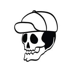 Wall Mural - a cute skull doodle with hat isolated on white background. funny head bone in vector illustration for decorating design. symbol, logo, and icon collection of cute element.