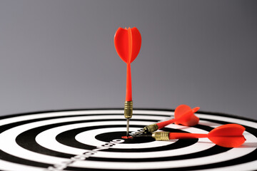 Wall Mural - Goals concept - Smart goal setting, red three darts arrows in the target center business goal concept, for business targeting and winning concepts. financial growth success process.