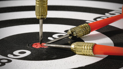 Wall Mural - Goals concept - Smart goal setting, red three darts arrows in the target center business goal concept, for business targeting and winning concepts. financial growth success process.
