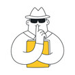 Confident information, a secret man in a hat and glasses hides some important documents. Thin line vector illustration on white. 