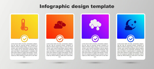 Sticker - Set Meteorology thermometer, Sun and cloud weather, Cloud with rain and moon. Business infographic template. Vector