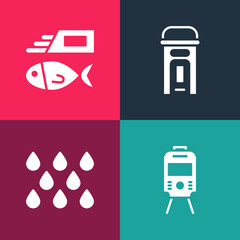 Sticker - Set pop art Tram and railway, Water drop, London phone booth and Fish chips icon. Vector