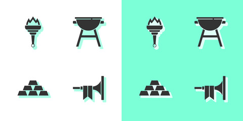 Canvas Print - Set Trumpet, Torch flame, Gold bars and Barbecue grill icon. Vector