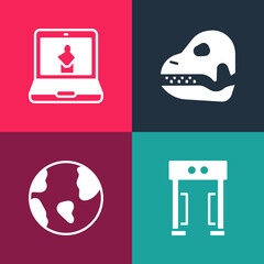 Poster - Set pop art Metal detector, Earth globe, Dinosaur skull and Online museum icon. Vector