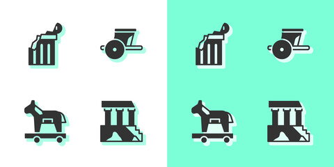 Poster - Set Parthenon, Broken ancient column, Trojan horse and Ancient chariot icon. Vector