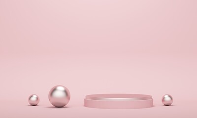 Poster - Cylindrical empty podium with metal balls on pink background. 3d rendering