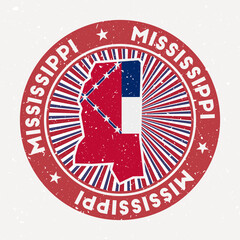 Wall Mural - Mississippi round stamp. Logo of us state with state flag. Vintage badge with circular text and stars, vector illustration.