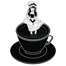 Pretty Little Girl In Vintage Edwardian Or Victorian Dress Sitting In A Cup Of Tea Or Coffee. Black And White Silhouette. Penelope Boothby Style. Creative Beverage Concept.