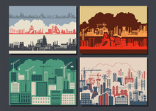 Industrial Propaganda Retro Posters Template Set, Factory, Plant, Construction Site Silhouette Background