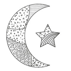Wall Mural - Zentangle moon and star with abstract patterns on isolation background. Design for spiritual relaxation for adults. Line art creation. Black and white illustration for anti stress colouring page. 