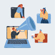 Vector illustration of people online conversation business partner using laptop, looking at screen with virtual web chat, contacting people, online conference, talking on webcam, online consultation.