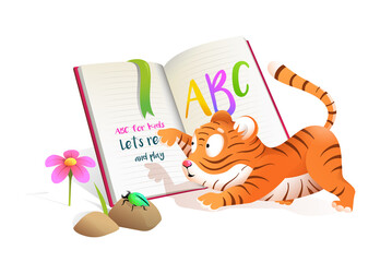 Canvas Print - Cute baby little tiger reading studying ABC book, studying and playing. Fun educational illustration for children library. Kids tiger cub lesson at school vector cartoon in watercolor style.