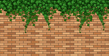 Birck Wall With Ivy Leaves. Summer Green Ivy Foliage On  Bricks, Building Wall Or Fence. Seamless Repeat Pattern, Cartoon Background. Vector Illustration