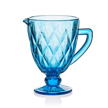 Glass Transparent Jug Of Blue Color For Drinks On A White Isolated Background.