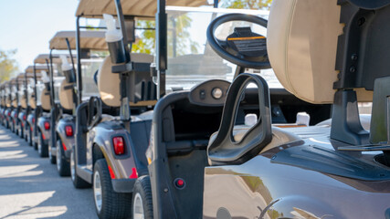 Wall Mural - A row of electric golf carts on a golf course.