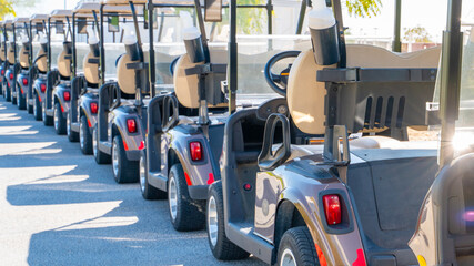 Wall Mural - A row of electric golf carts on a golf course.