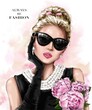 Beautiful blond hair girl in sunglasses. Fashion girl with hair bun. Pretty woman with peonies. Stylish look. Woman in black gloves. Lady with pearls on her neck. Fashion illustration.