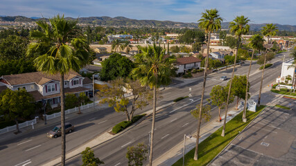 Wall Mural - Sunset aerial view of downtown Yorba Linda, California, USA.