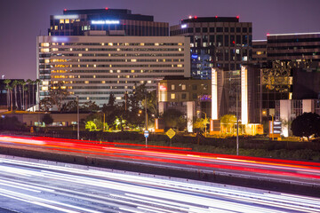 Nighttime view of the downtown skyline of Irvine, California, USA.