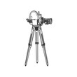 Cinematography and motion picture equipment, retro movie camera on tripod isolated monochrome icon. Vector movie time, professional vintage photocamera. Film projector, motion picture symbol