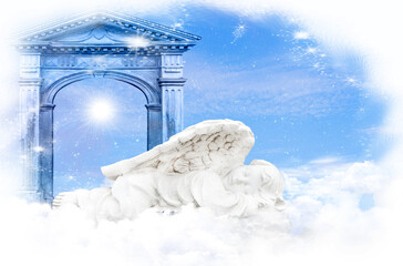 Canvas Afdrukken
 - Angel sleeping on clouds. In the background the gate to heaven. Place for text