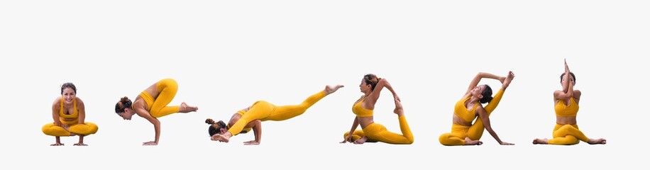 Wall Mural - set of yoga poses by asian woman in yellow sportswear