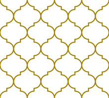 Quatrefoil Style Outline Repeating Pattern In Gold Color Outline On A White Background, Geometric Vector Illustration