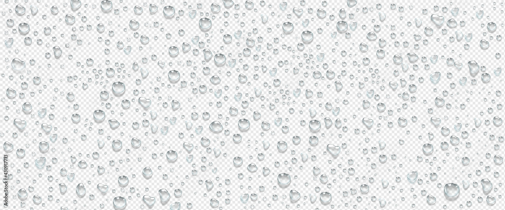 Condensation water drops on transparent background. Rain droplets with light reflection on window or glass surface, abstract wet texture, pure aqua blobs pattern, Realistic 3d vector illustration - obrazy, fototapety, plakaty 