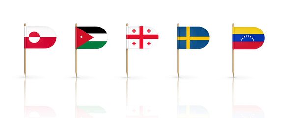 Toothpick flags of Greenland, Jordan and Georgia with Sweden and Venezuela. National banners on wooden pointed sticks. Oval edge pennants isolated on white background, Realistic 3d vector icons set