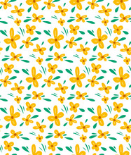 Seamless Floral Pattern With Small Yellow Flowers And Turquoise Leaves On A White Background. Natural Wallpaper. Vector Texture With Buttercup Anemone And Foliage For Fabrics And Wrapping Paper