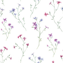 Beautiful Seamless Floral Pattern With Gentle Watercolor Hand Drawn Purple Wild Field Flowers. Stock Illustration.