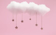 Realistic cloud on a pink background. Golden stars in the sky. Festive card for wedding, birthday of a child, a newborn. 3d render illustration. Fabulous surreal fantasy dream